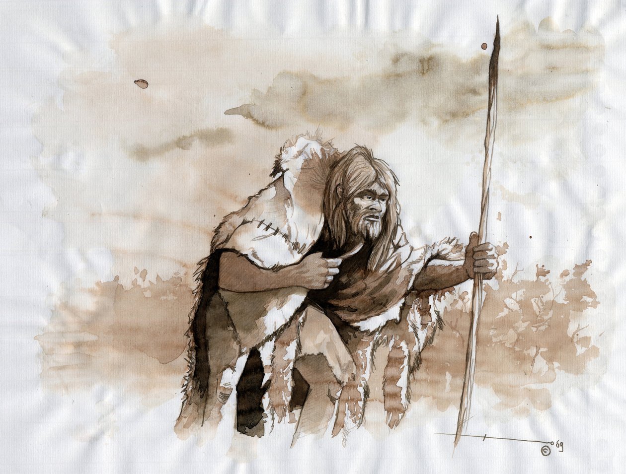 Prehistorya: Orta Paleolitik'te bir Neandertal veya Neandertal insanının temsili. Alessandro Lonati'nin çizimi by Alessandro Lonati