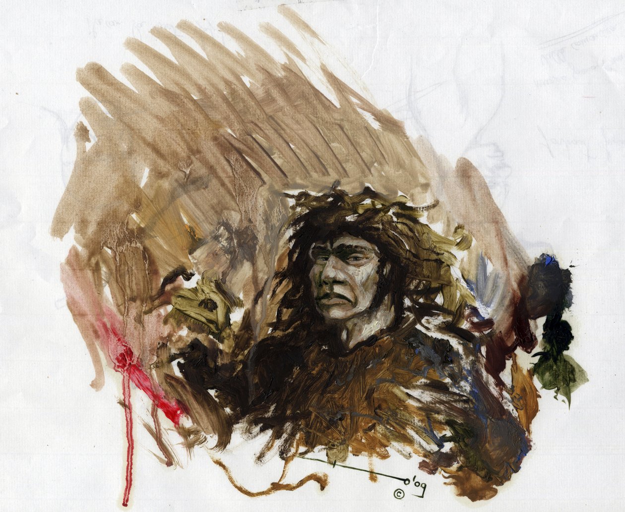 Prehistorya: Orta Paleolitik'te bir Neandertal veya Neandertal insanının temsili. Alessandro Lonati'nin çizimi by Alessandro Lonati