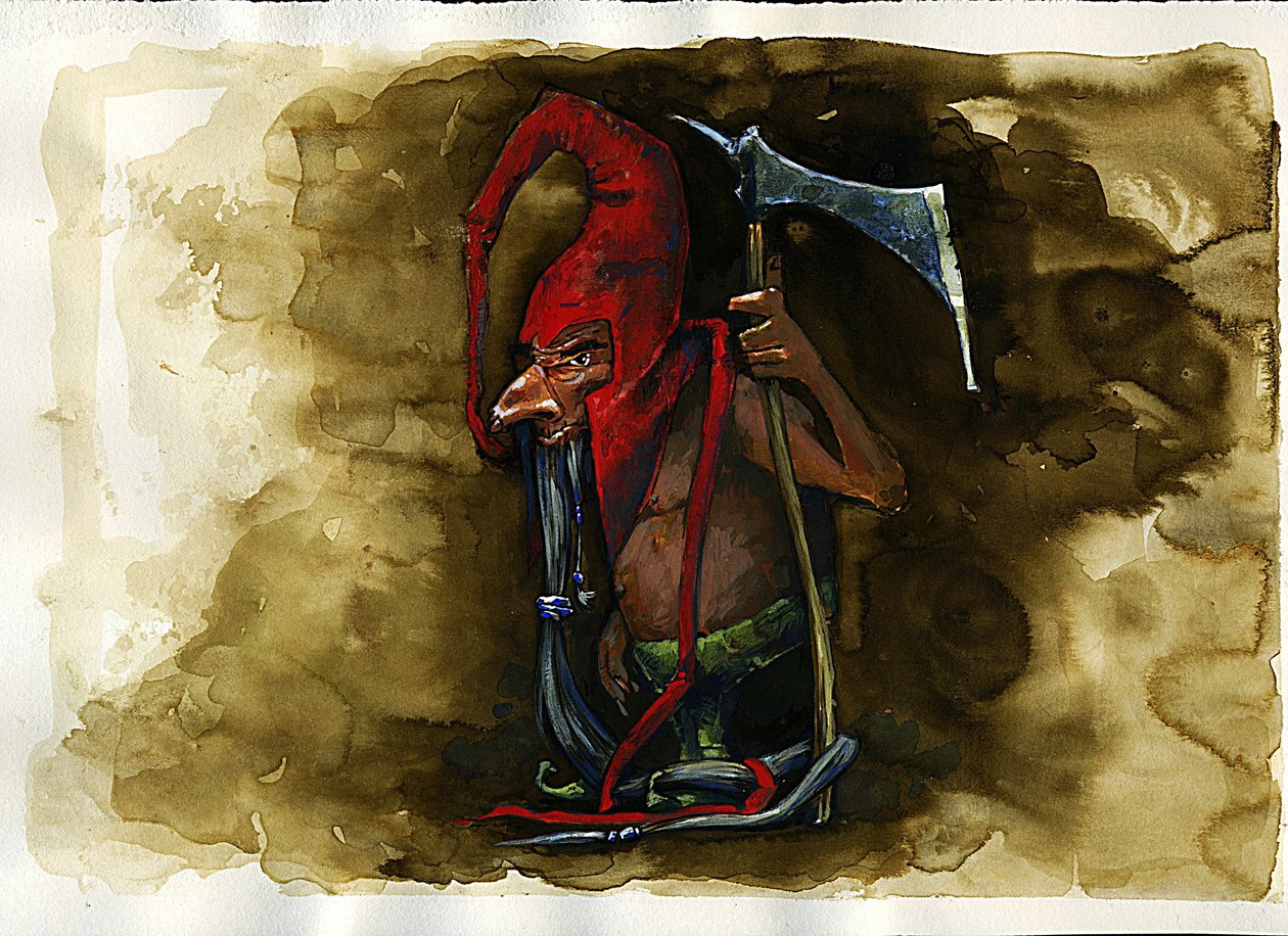 İngiliz folklorundan Goblin ailesinin efsanevi kötü yaratığı Red Cap (Red bere, powrie veya duter, Red-Bonnet) temsili - (Sınır Folklorunda bulunan kırmızı bere, kötü niyetli cani cüce, goblin, elf veya peri) İllüstrasyon, Alessandro Lo by Alessandro Lonati