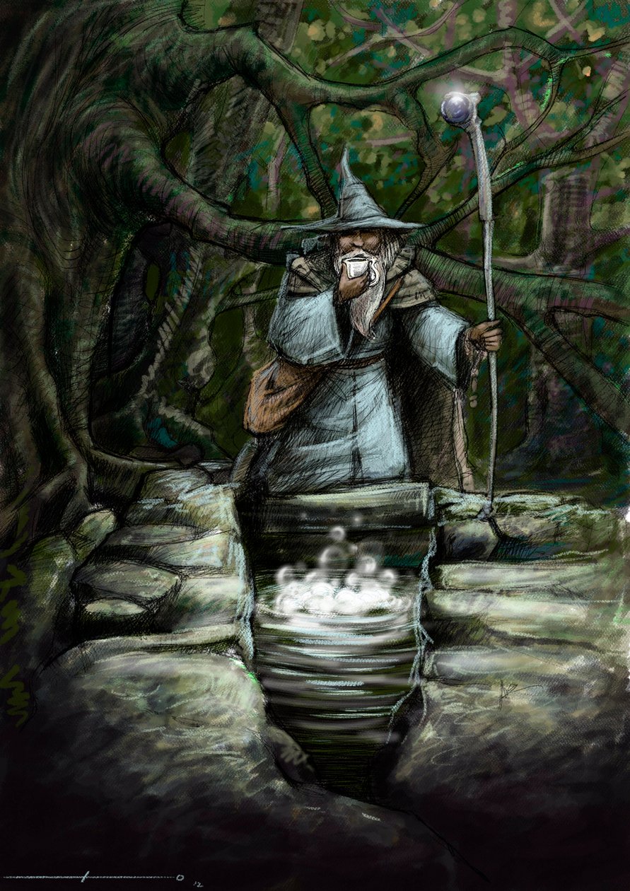 Broceliande ormanındaki harika Barenton çeşmesinde içki içen bir büyücünün temsili - İllüstrasyon, Alessandro Lonati - 2012 - by Alessandro Lonati