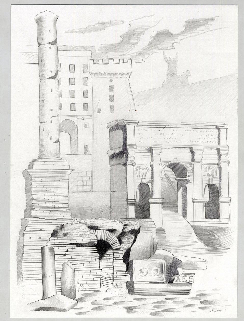 Roma'daki Roma dönemi kalıntıları, Forum (foro romano) Alessandro Lonati'nin çizimi. by Alessandro Lonati