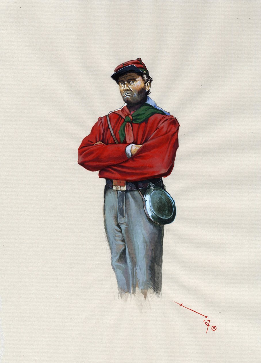 İkinci İmparatorluk (1852-1870): İtalyan birleşmesi (Risorgimento), İtalya'da Giuseppe Garibaldi'nin (1807-1882) davası için "kırmızı gömlekli" savaşçı olarak bilinen Garibaldian ordusunun gönüllü subayı by Alessandro Lonati