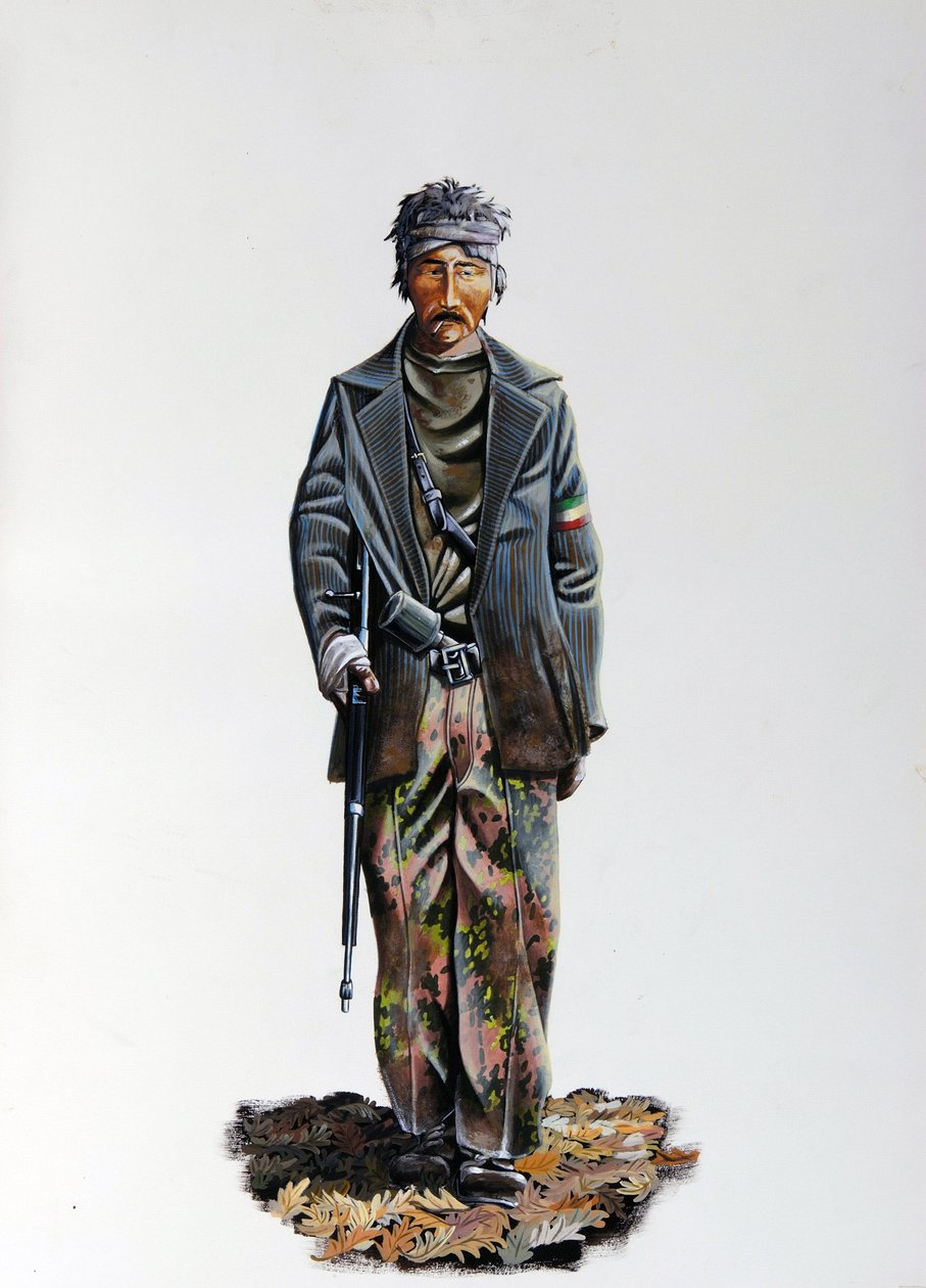 İkinci Dünya Savaşı: İtalyan Direnişinin (maki veya gerillalar, partizan) (Resistenza Italiana) bir üyesi, kamuflaj kıyafeti ve makineli tüfekli silah giyiyor. 1943-1945. Alessandro Lonati'nin illüstrasyonu by Alessandro Lonati