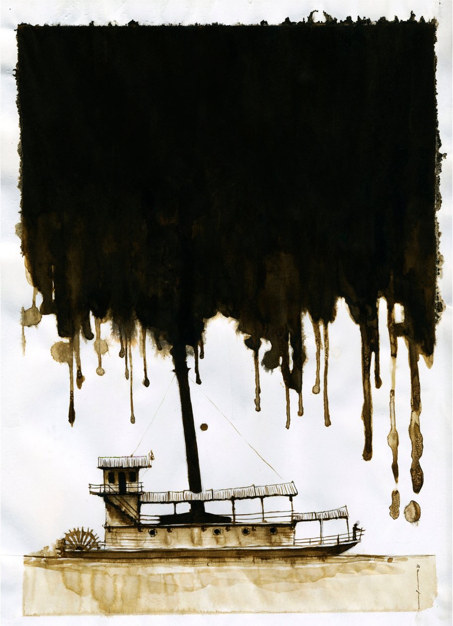 Joseph Conrad'ın yeni “Karanlığın Kalbinde” adlı eserinin buharlı gemi çizimi. 2012 by Alessandro Lonati