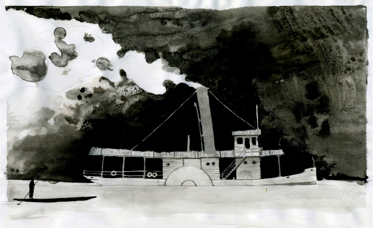 Joseph Conrad'ın yeni “Karanlığın Kalbinde” adlı eserinin buharlı gemi çizimi. 2012 by Alessandro Lonati