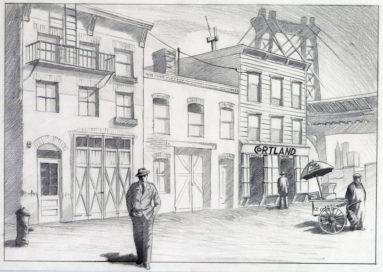 Amerika Birleşik Devletleri, New York: 1950'lerde şehrin bir mahallesinden bir sokak görünümü. Alessandro Lonati'nin çizimi by Alessandro Lonati