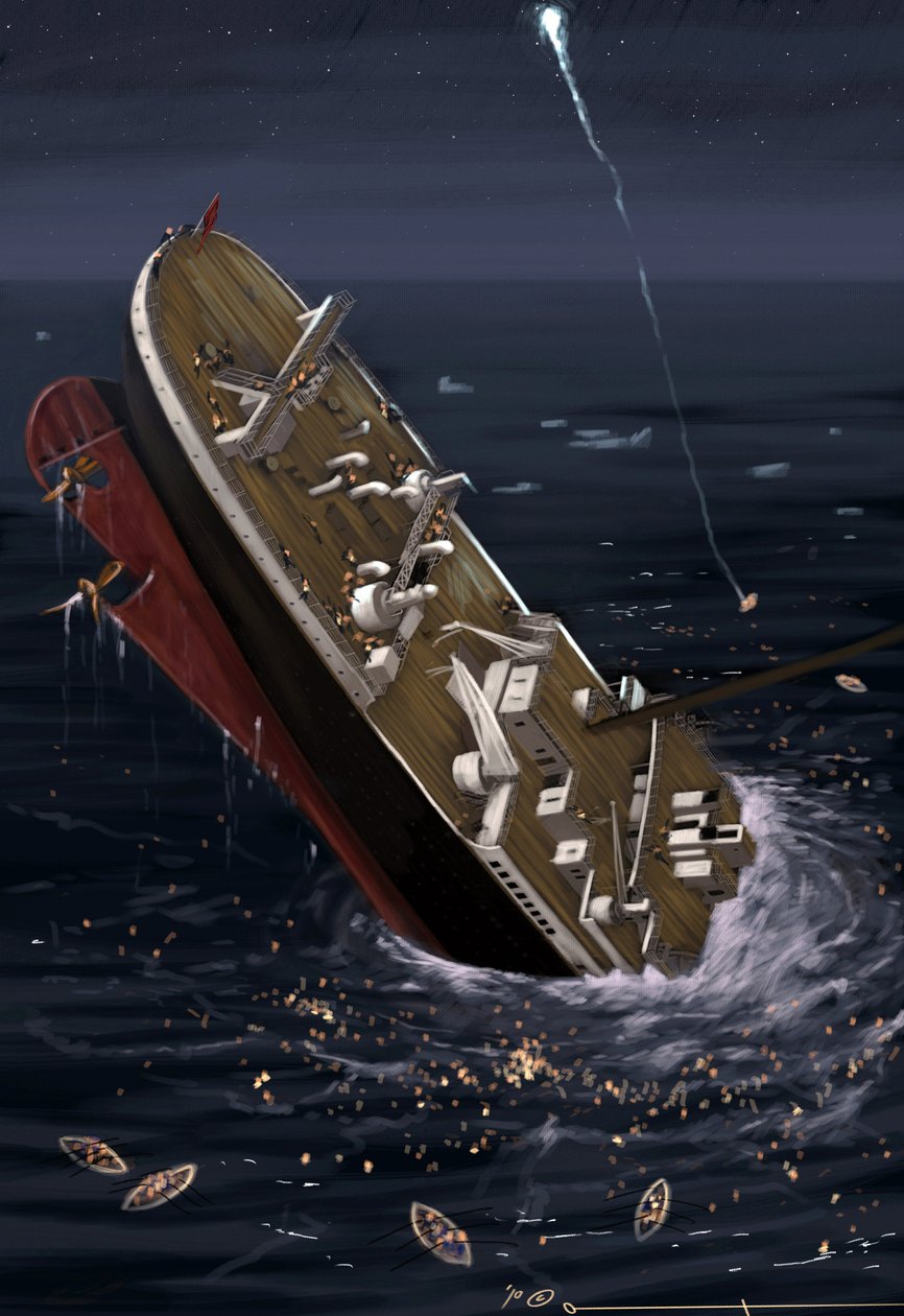 Transatlantik gemisi Titanic'in 14 ve 15 Nisan 1912'de battığı sırada görünümü. Alesandro Lonati'nin çizimi. 2010 by Alessandro Lonati
