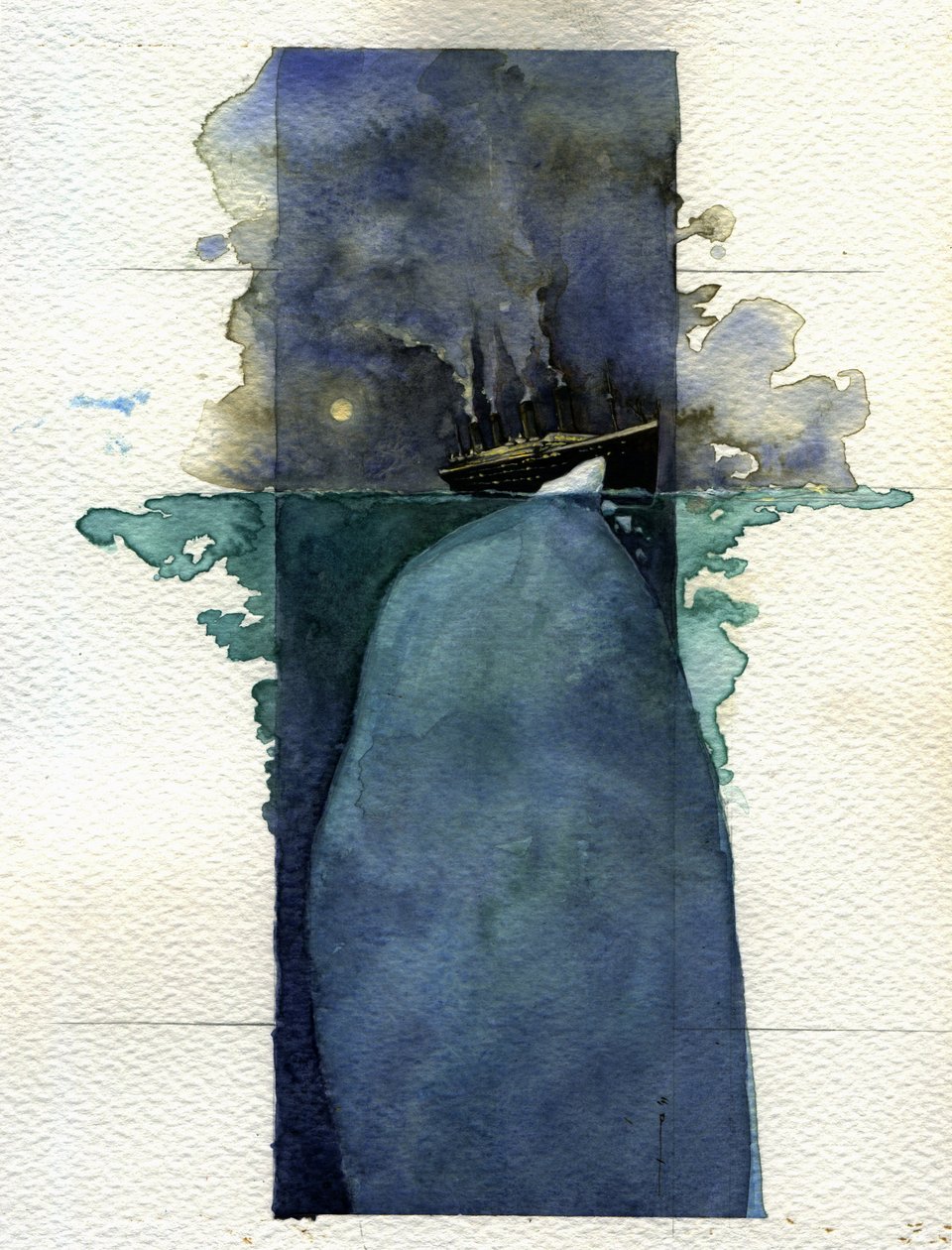 Transatlantik gemisi Titanic'in 14 ve 15 Nisan 1912'de bir buzdağına çarpması nedeniyle battığı sırada görünümü. Alessandro Lonati'nin illüstrasyonu. 2011 by Alessandro Lonati