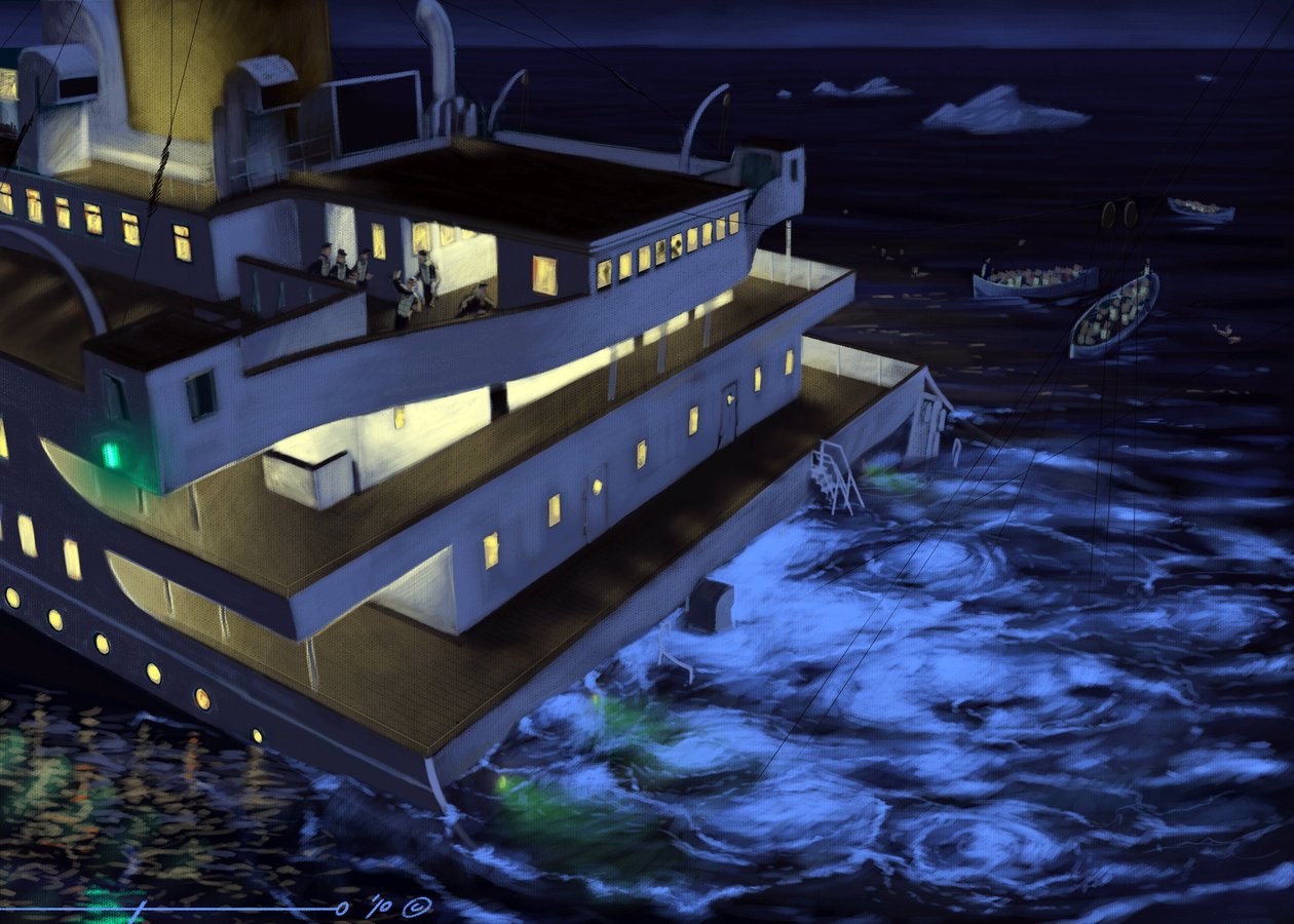 Transatlantik gemisi Titanic'in 14 ve 15 Nisan 1912'de battığı sırada görünümü. Alesandro Lonati'nin çizimi. 2010 by Alessandro Lonati