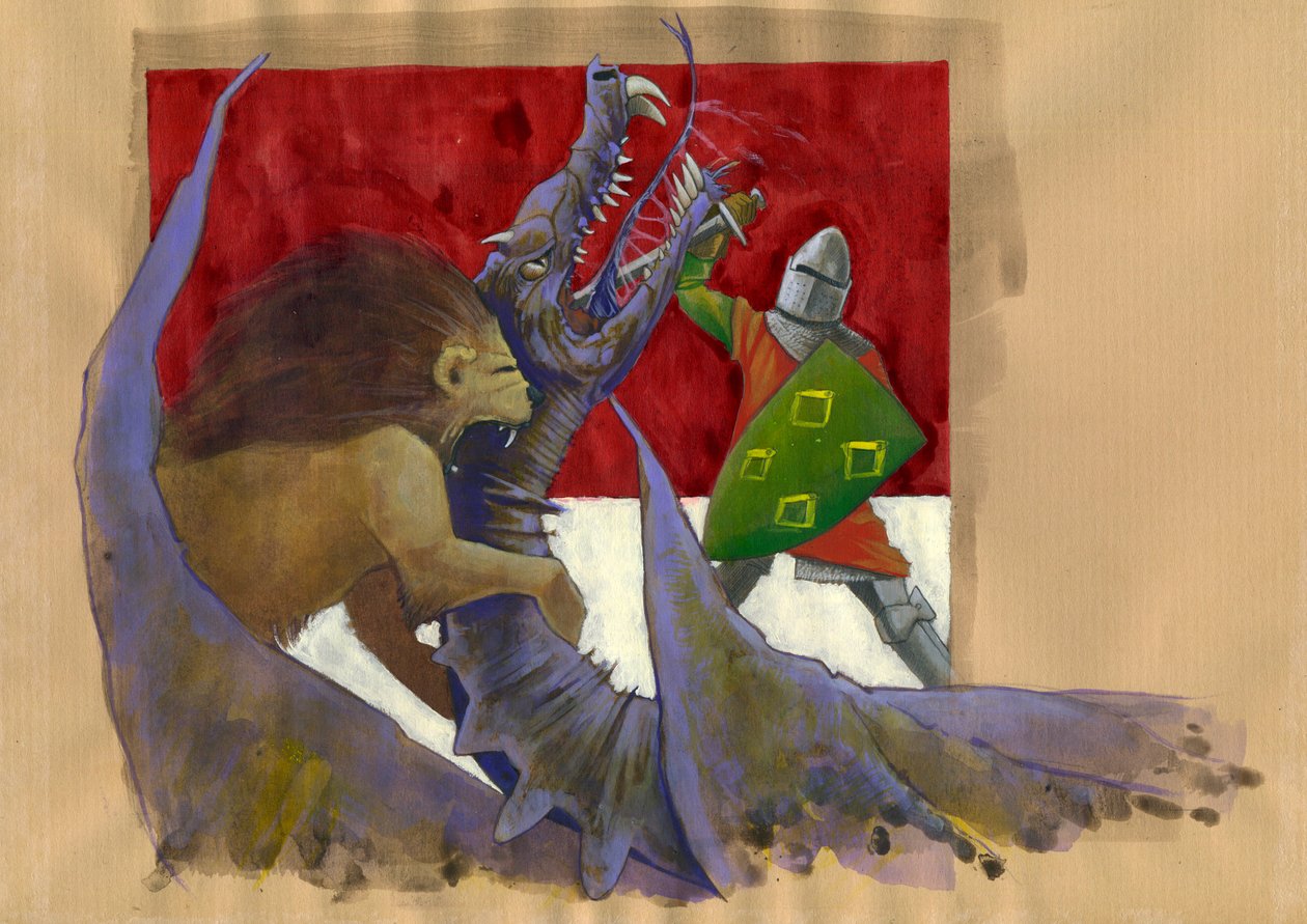 Yvain, Aslan Şövalyesi ejderhayla savaşıyor İllüstrasyon, Alessandro Lonati by Alessandro Lonati