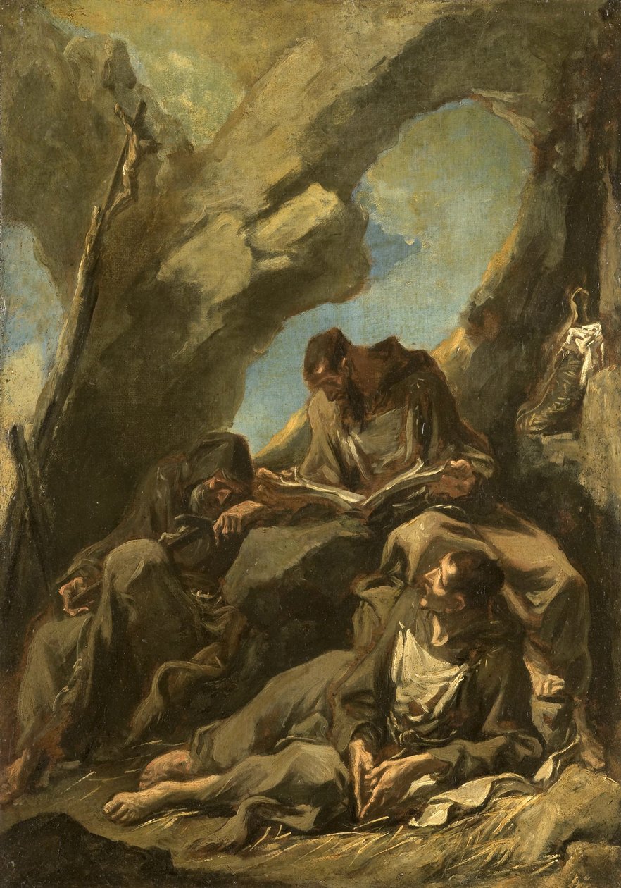 Üç Capuchin keşişi dua ederken meditasyon yapıyor by Alessandro Magnasco