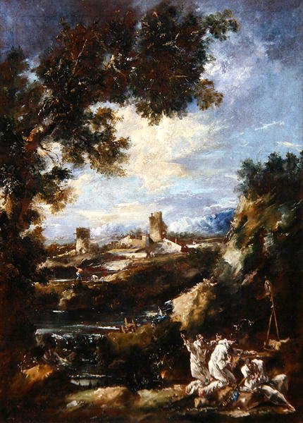 Yol Kenarındaki Bir Tapınakta Dua Eden Karmelit Rahipler ile Manzara, 1720 dolayları (tuval üzerine yağlı boya) by Alessandro Magnasco