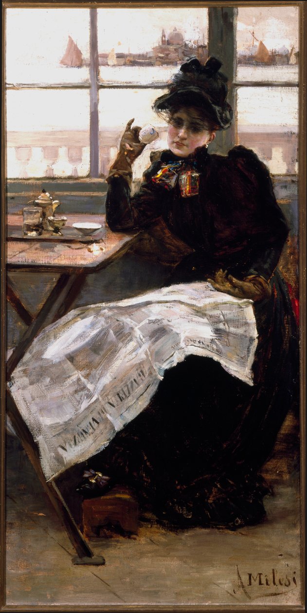 Siyahlar içinde bir kadın, gazete okuyor, bir bistroda kahvesini yudumluyor. Resim Alessandro Milesi (1856-1945) Genes Galleria by Arte Moderna by Alessandro Milesi