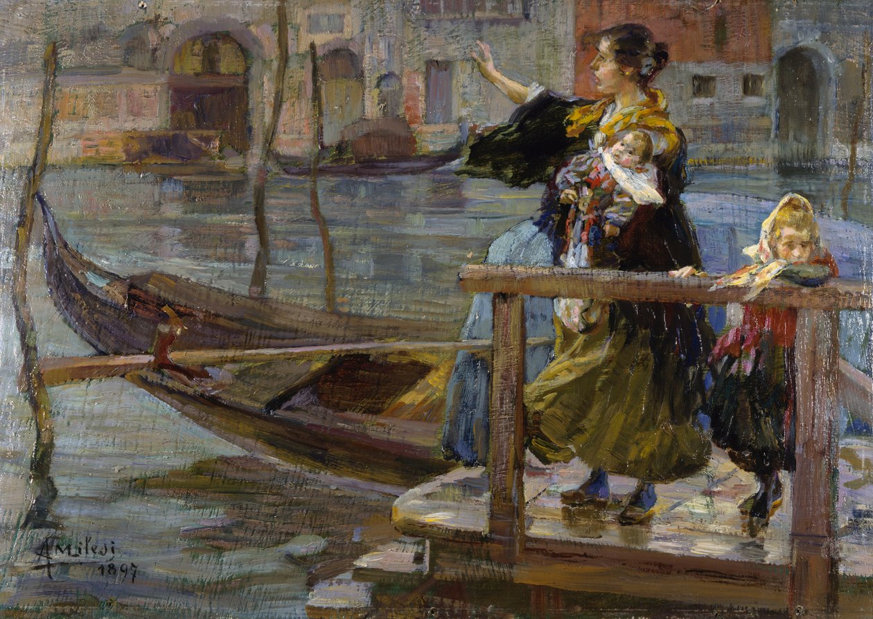 İki çocuklu anne veya gondol bekleyen by Alessandro Milesi