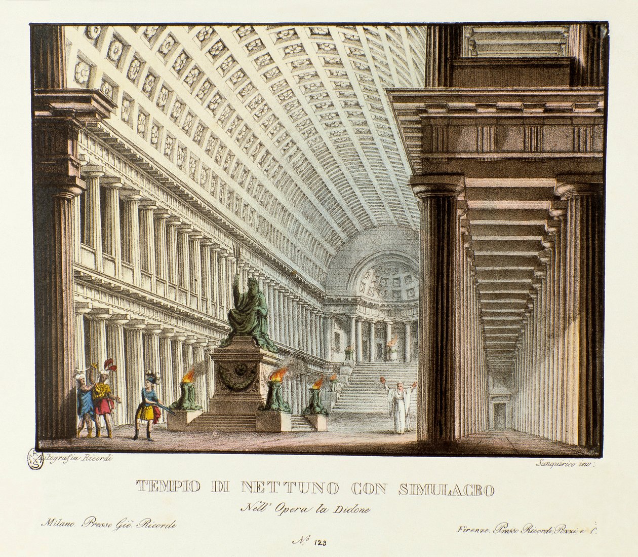 Neptün tapınağının görünümü Metastasio (Metastase) operasından sonra besteci Niccolo Vito Piccinni (veya Piccini) tarafından lirik trajedi “” Didone” (Didon) (1783) temsili için Senaryo. “” Raccolta di invenzioni manzarasında litografi by Alessandro Sanquirico