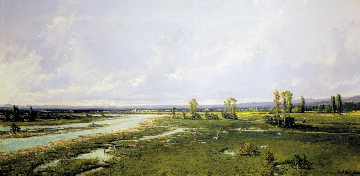 Belluno'daki Piave nehir yatağında avlanma, Tablo Alessandro Seffer (1832-1905), Tuval üzerine yağlı boya by Alessandro Seffer Guerra
