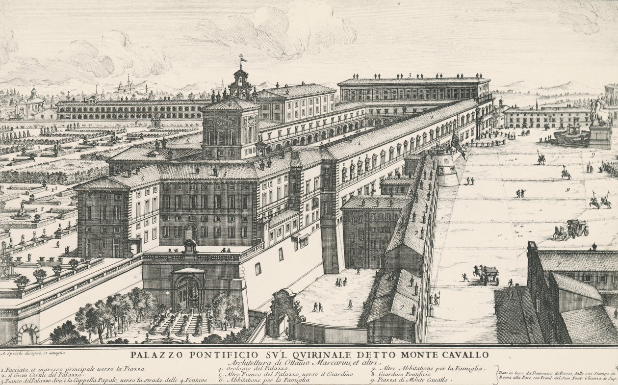Quirinale tepesinde, Monte Cavallo olarak da bilinen Papa Sarayı, Alessandro Specchi (1668-1729), İtalya tarafından çizim ve gravür by Alessandro Specchi
