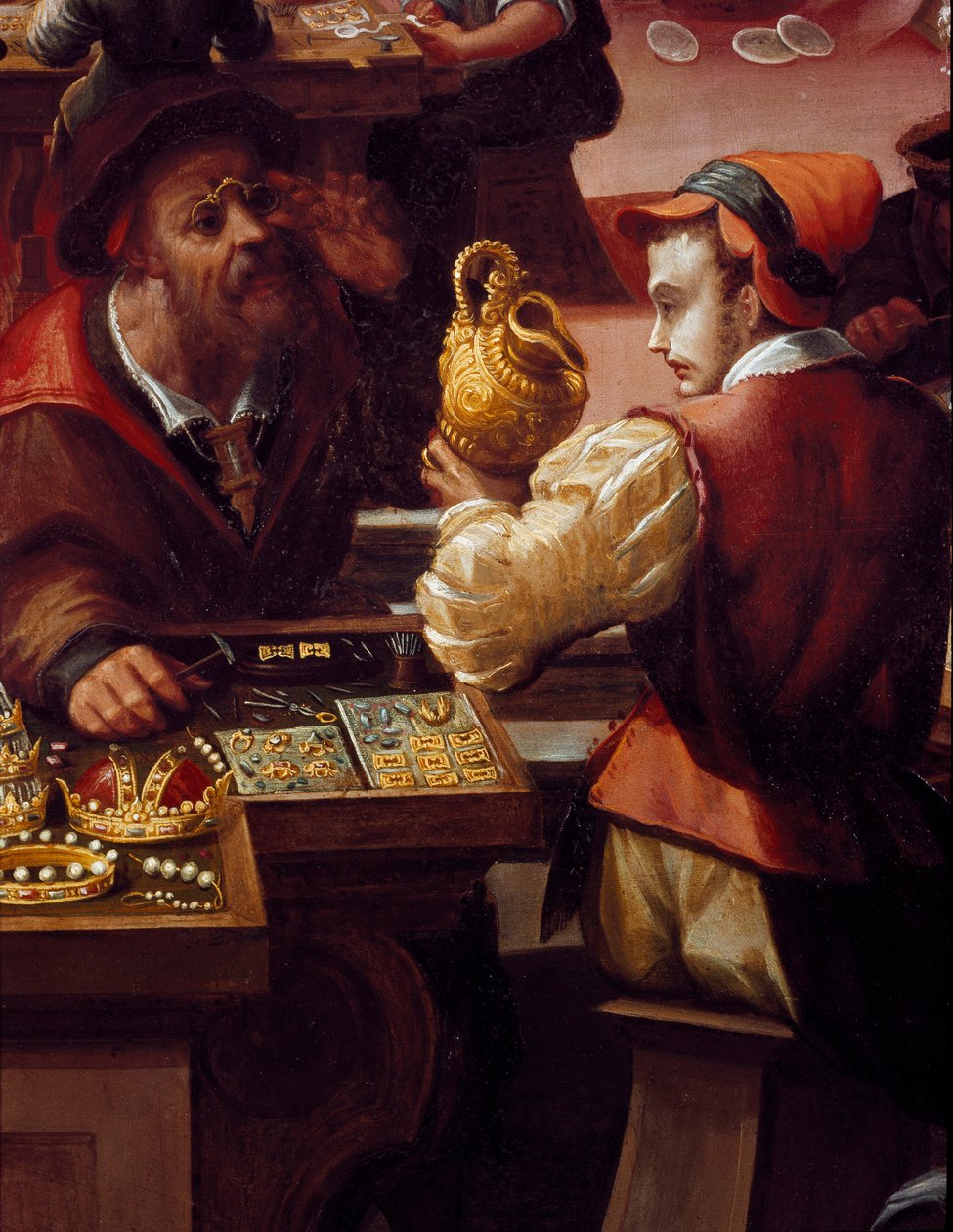 Kuyumcu atölyesi Eşya, mücevher ticaretinin detayı. (Tablo by Alessandro di Vincenzio Fei