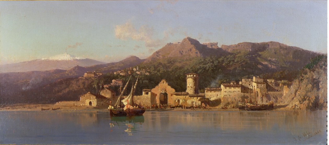 Arka planda Etna Dağı ile Taormina, Sicilya manzarası, 1868 by Alessandro la Volpe