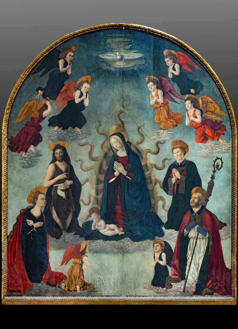 Azizlerle Madonna ve Çocuk (panelde yağlı boya) by Alessio & Scheggini Michele da Larciano (known as Graffione) (1470 85) Baldovinetti
