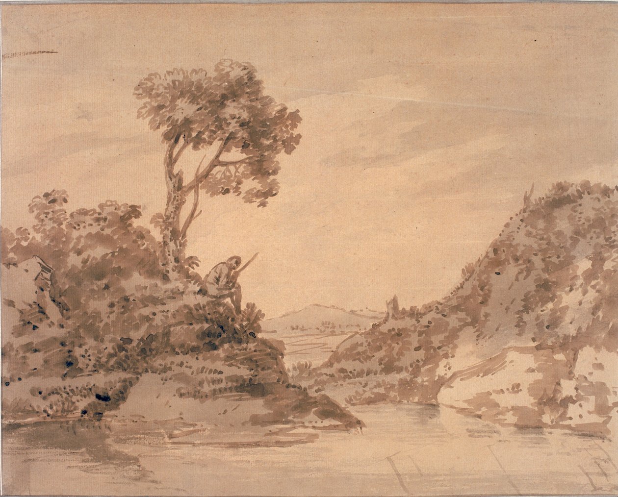 Bir Havuzun Kıyısında Figürlü Manzara (kağıt üzerine suluboya (kahverengi)) by Alexander Cozens