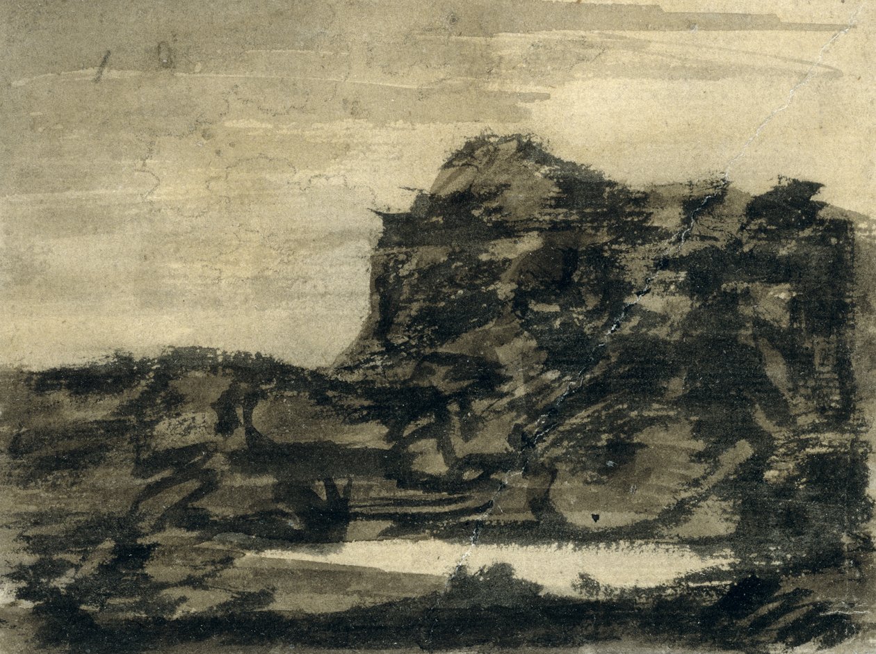 Kayalığın Eteğindeki Göl (kağıt üzerinde siyah, gri ve kahverengi lekeler bulunan kalem) by Alexander Cozens