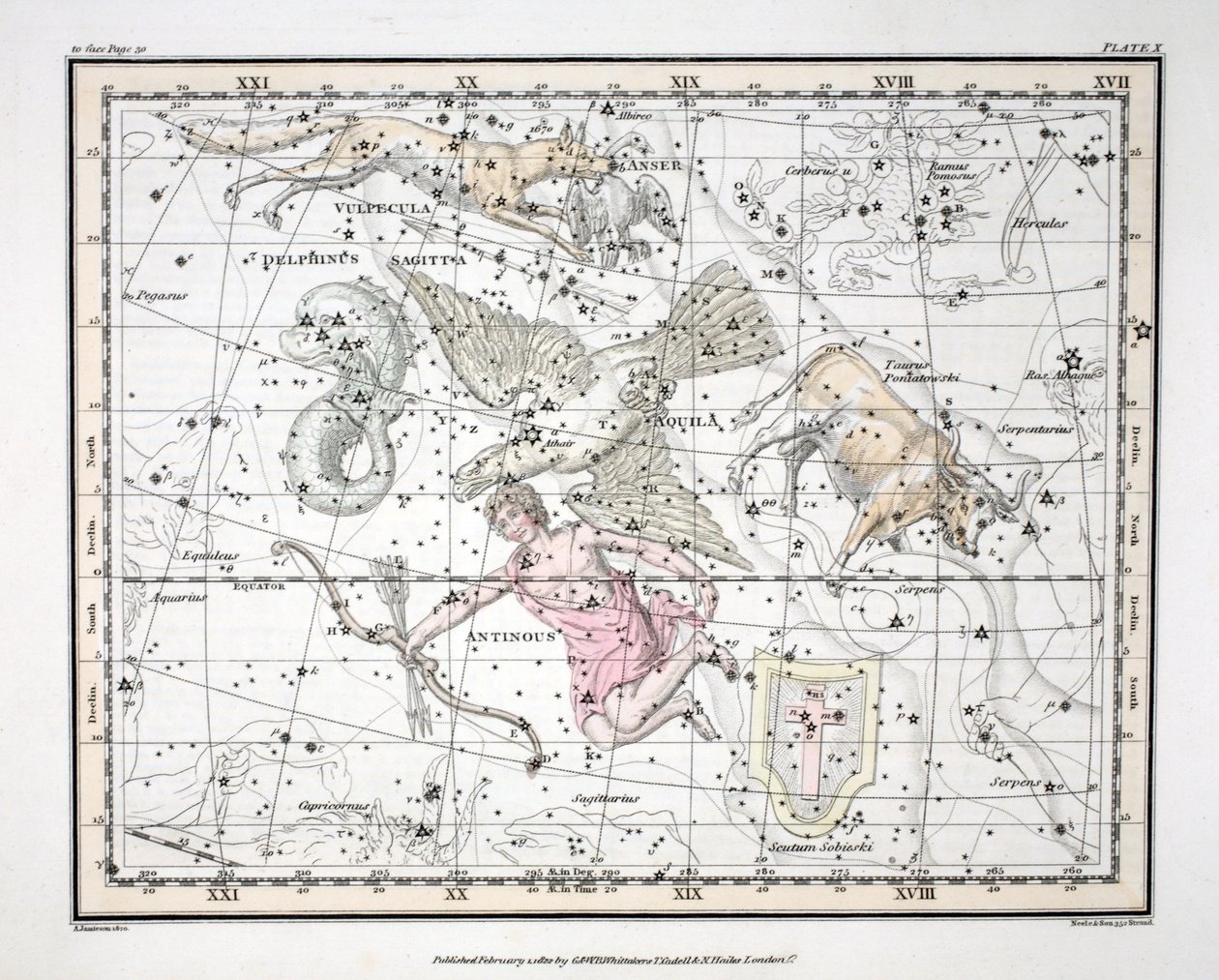 Takımyıldızlar (Levha X) Aquila et Antinous, Scutum Sobieski, Taurus Poniatowski, Sagitta, Valpecula et Anser ve Delphinus, Alexander Jamieson