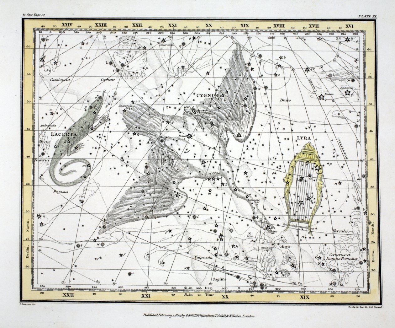 Takımyıldızlar (Levha XI) Kuğu, Lacerta ve Via Lactea, Alexander Jamieson tarafından yazılan 