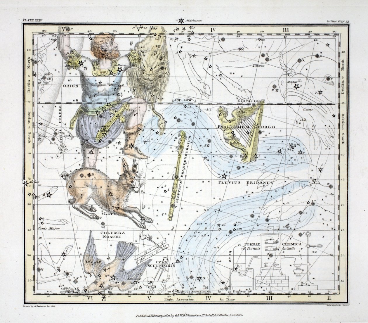 Takımyıldızlar (Levha XXIV) Eridanus nehri, Orion; Lepus, Columba Noah, Cela Sculptor, George Psalter, Saat, Equuleus Pictorius, Brandenbergius Sceptrum, 