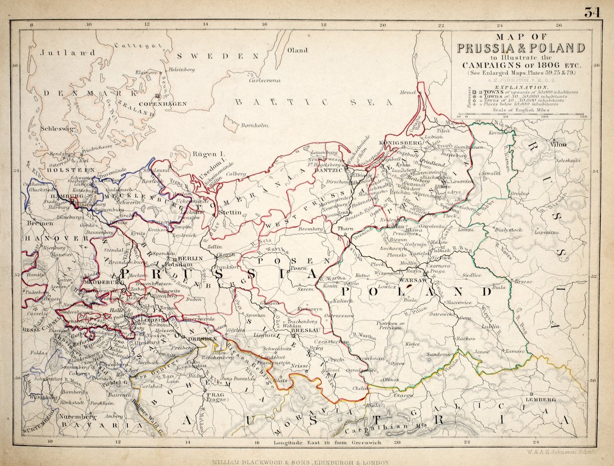 William Blackwood and Sons tarafından yayınlanan Prusya ve Polonya Haritası, Edinburgh und London, 1848 (el renkli gravür) by Alexander Keith Johnston