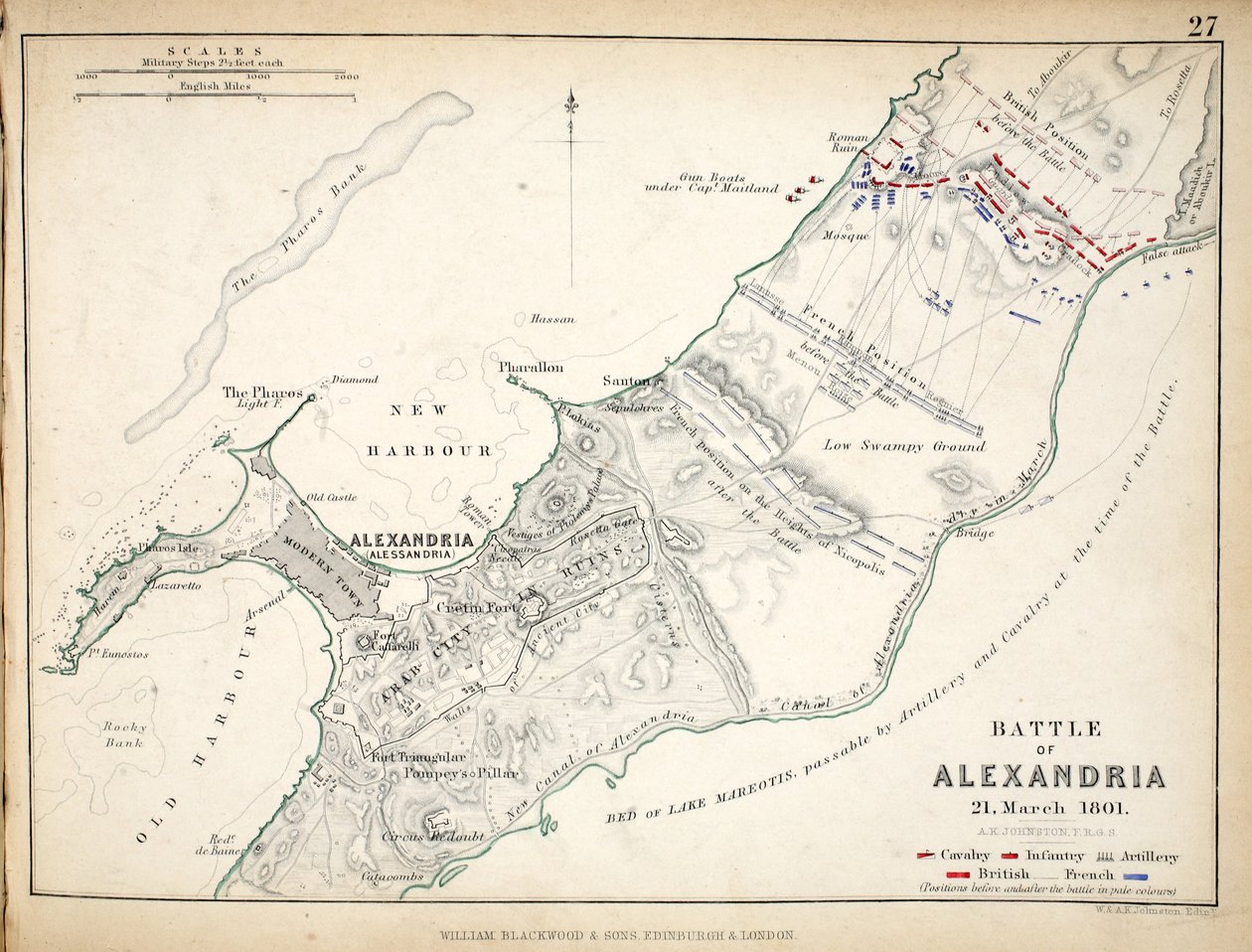 William Blackwood and Sons tarafından yayınlanan İskenderiye Savaşı Haritası, Edinburgh und London, 1848 (el renkli gravür) by Alexander Keith Johnston