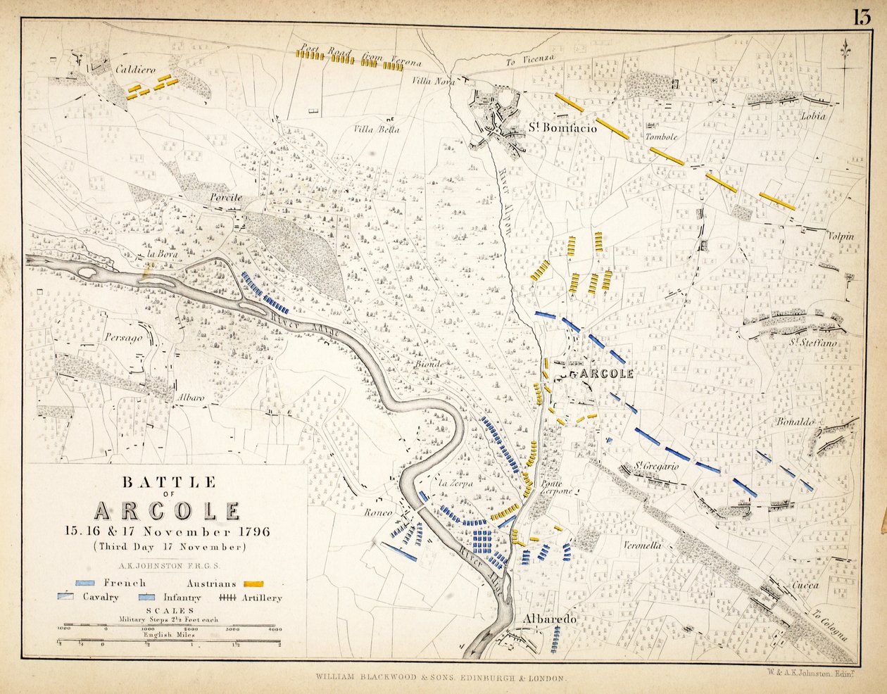 William Blackwood and Sons tarafından yayınlanan Arcole Savaşı Haritası, Edinburgh und London, 1848 (el renkli gravür) by Alexander Keith Johnston