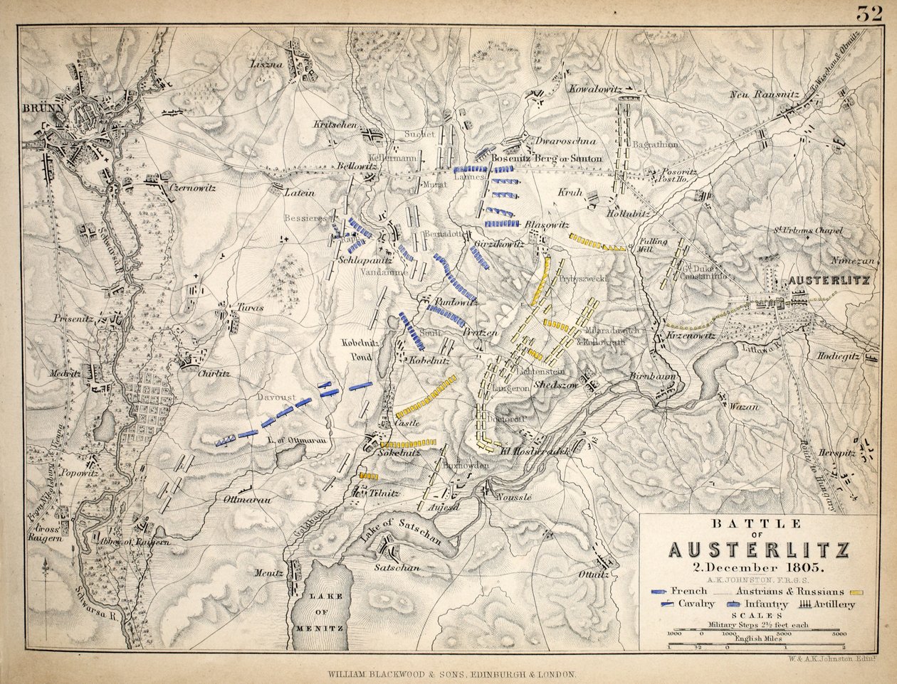 William Blackwood and Sons tarafından yayınlanan Austerlitz Savaşı Haritası, Edinburgh und London, 1848 (el renkli gravür) by Alexander Keith Johnston