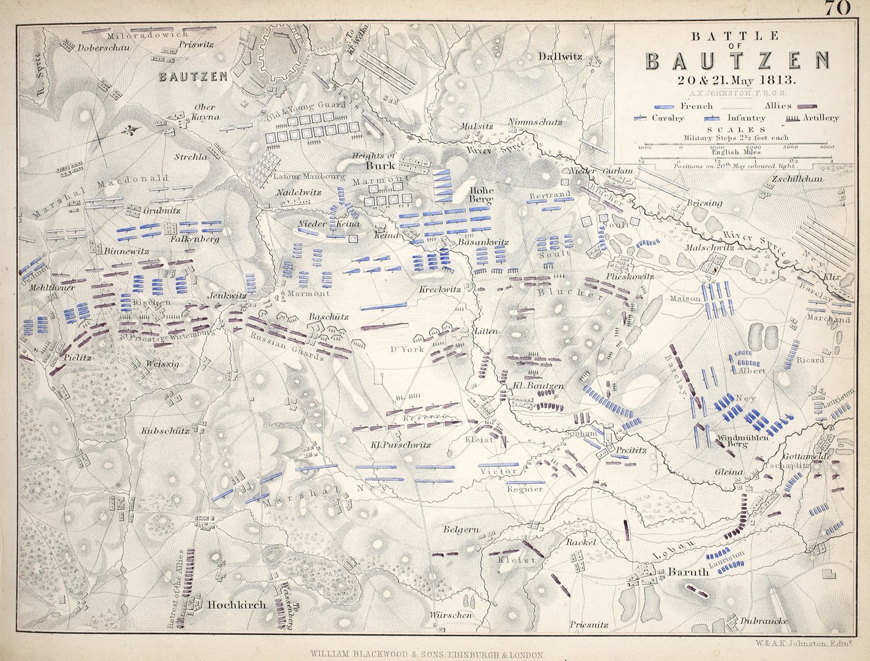 William Blackwood and Sons tarafından yayınlanan Bautzen Savaşı Haritası, Edinburgh und London, 1848 (el renkli gravür) by Alexander Keith Johnston