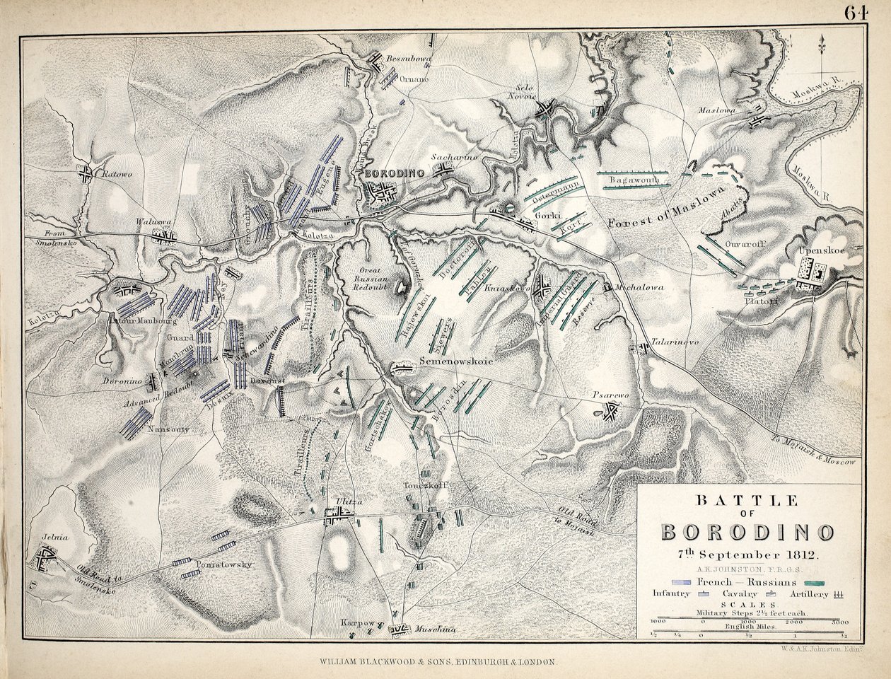 William Blackwood and Sons tarafından yayınlanan Borodino Savaşı Haritası, Edinburgh und London, 1848 (el renkli gravür) by Alexander Keith Johnston