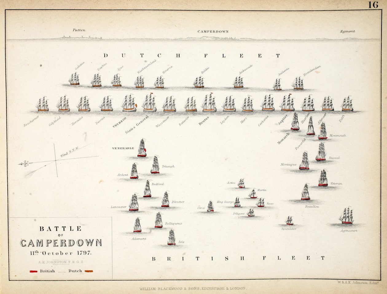 William Blackwood and Sons tarafından yayınlanan Camperdown Savaşı Haritası, Edinburgh und London, 1848 (el renkli gravür) by Alexander Keith Johnston