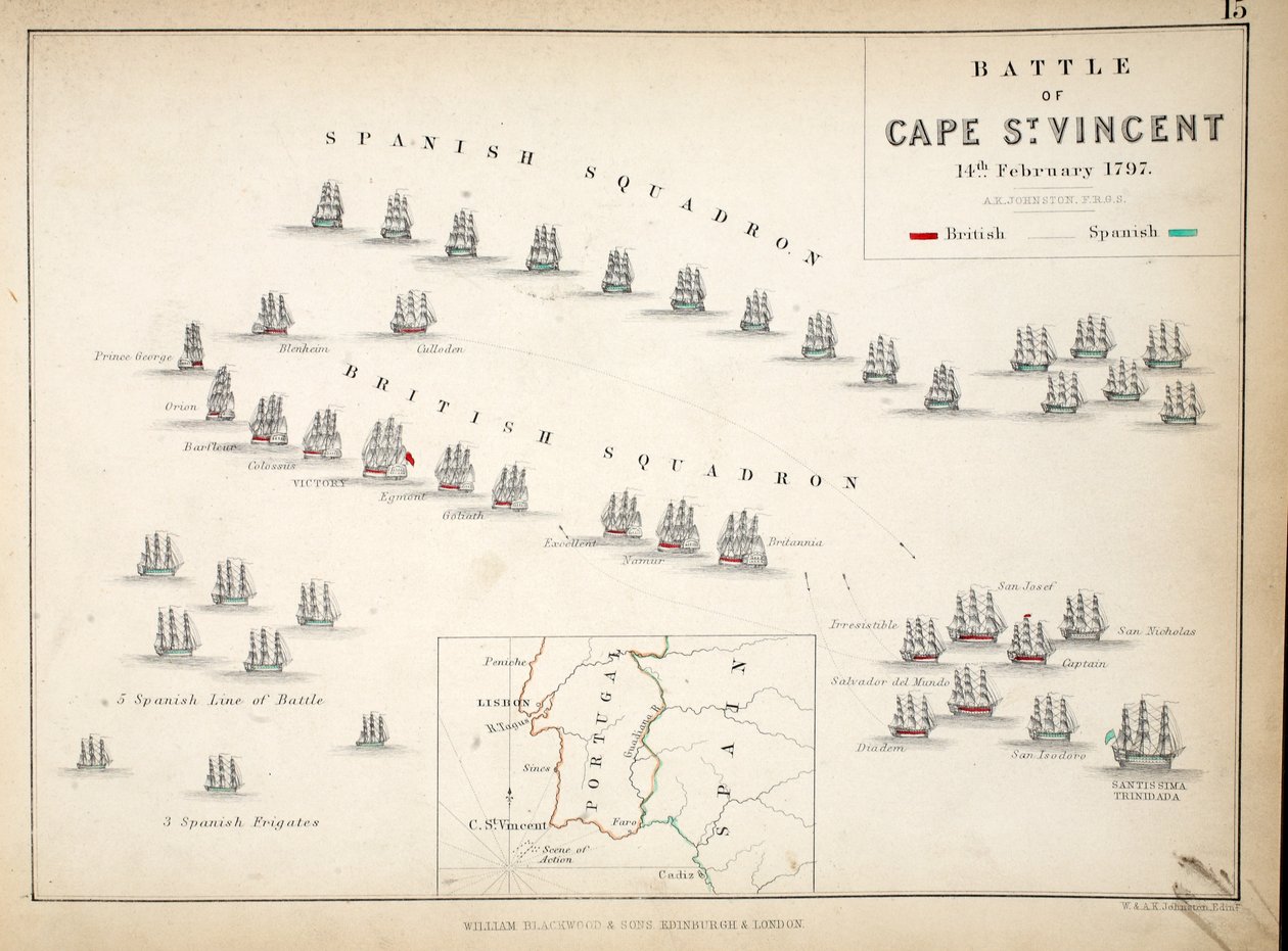 Map of the Battle of Cape St. Vincent, published by William Blackwood and Sons, Edinburgh und London, 1848 (hand-coloured engraving) by Alexander Keith Johnston