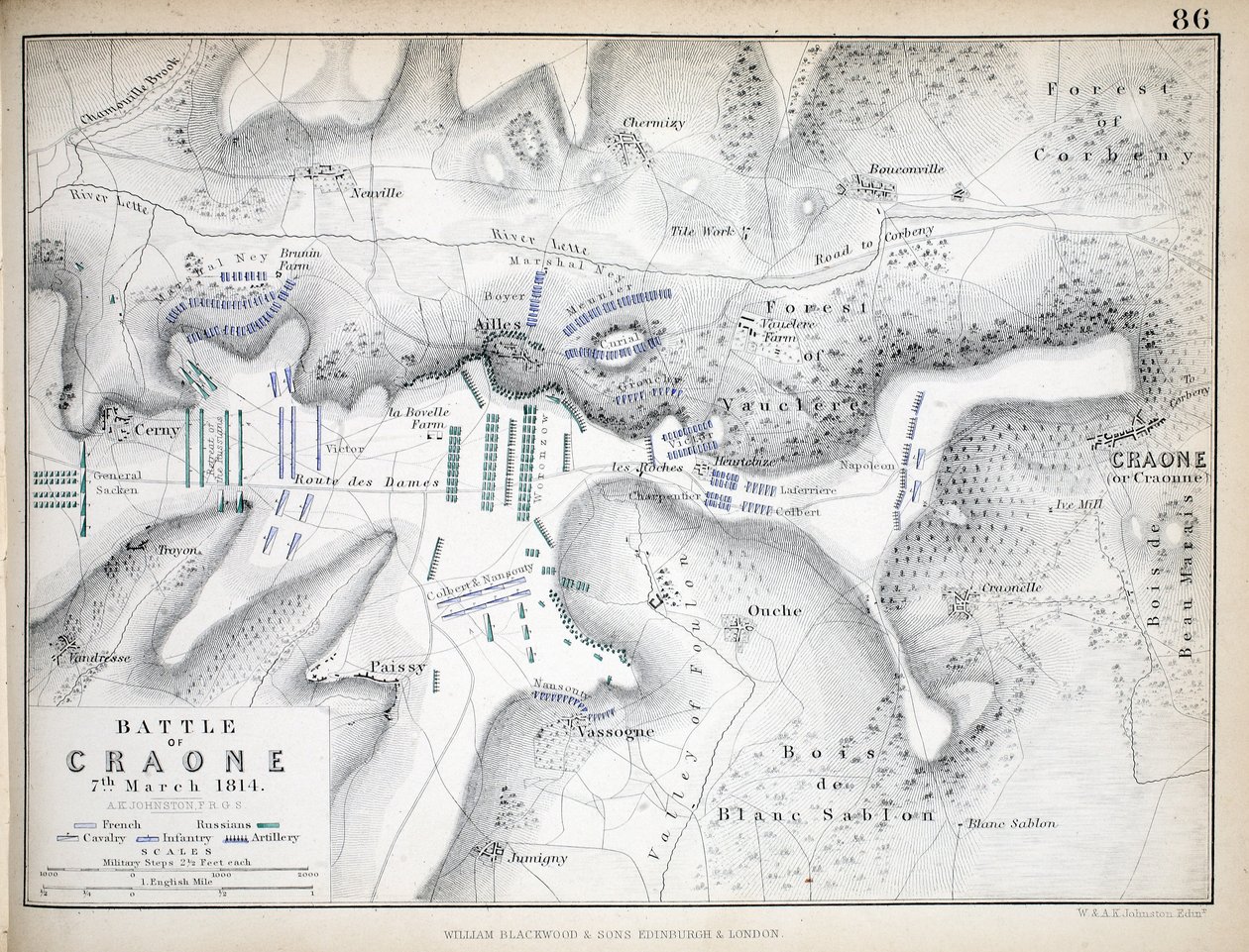 William Blackwood and Sons tarafından yayınlanan Craone Savaşı Haritası, Edinburgh und London, 1848 (el renkli gravür) by Alexander Keith Johnston