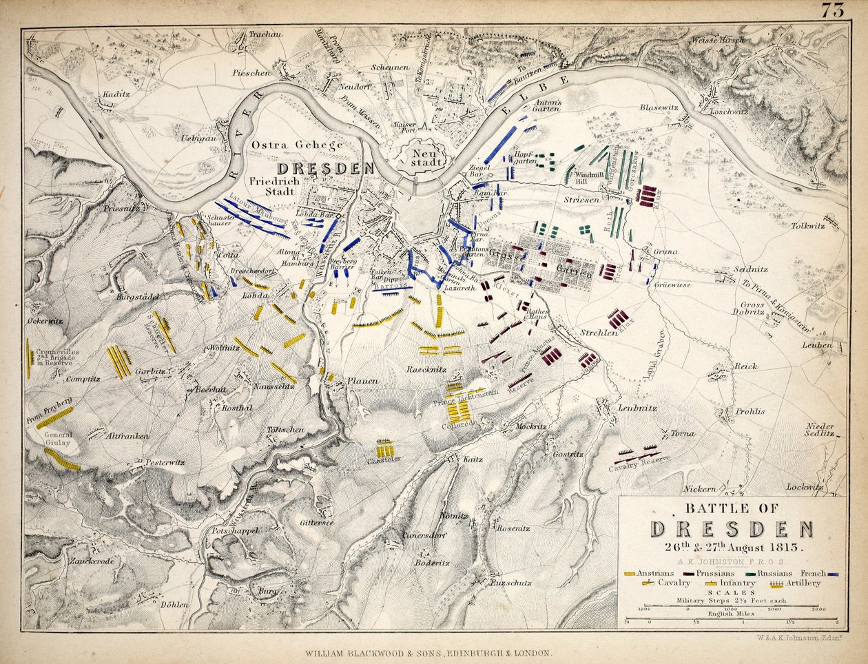 William Blackwood and Sons tarafından yayınlanan Dresden Savaşı Haritası, Edinburgh und London, 1848 (el renkli gravür) by Alexander Keith Johnston