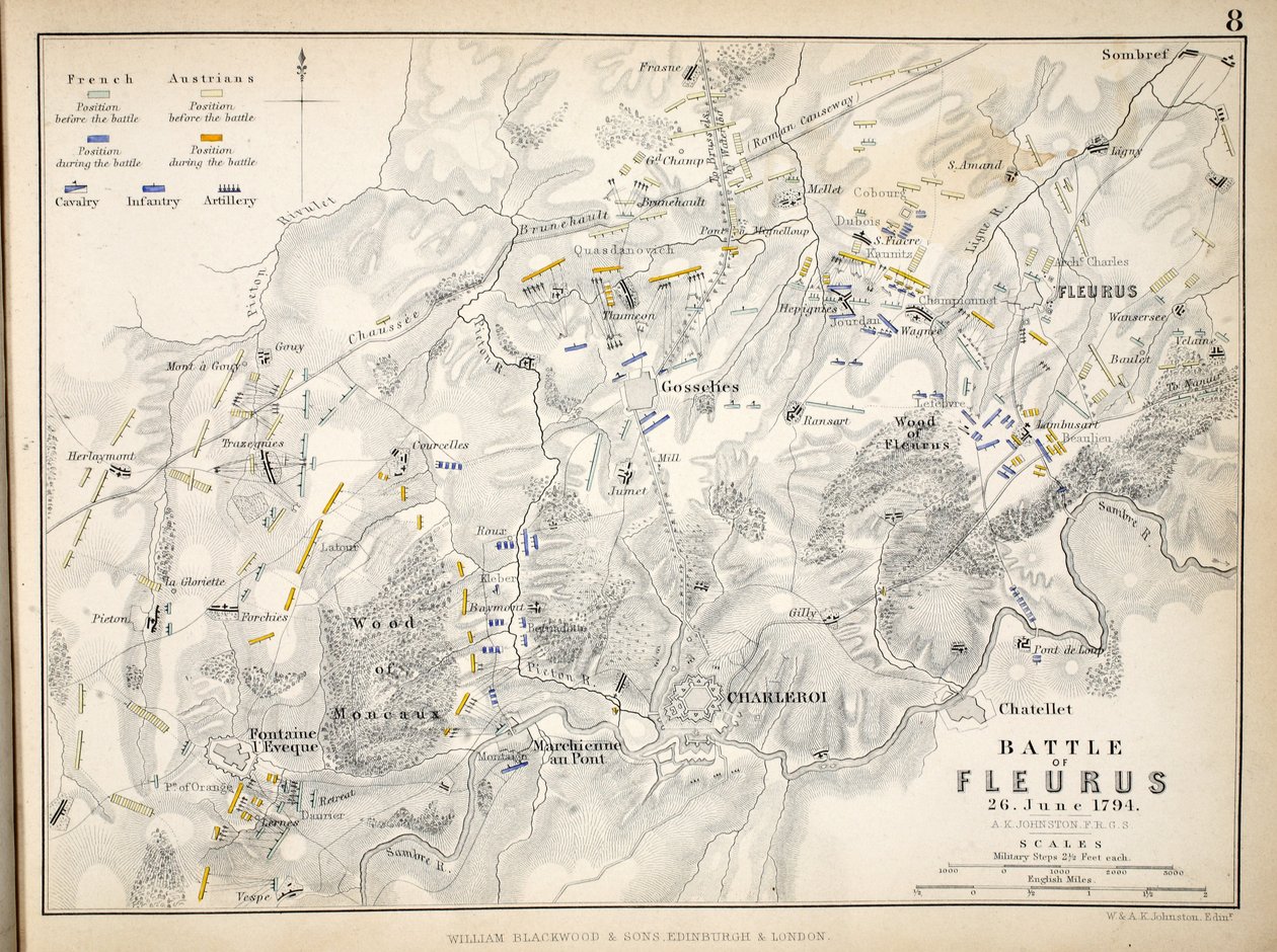 William Blackwood and Sons tarafından yayınlanan Fleurus Savaşı Haritası, Edinburgh und London, 1848 (el renkli gravür) by Alexander Keith Johnston