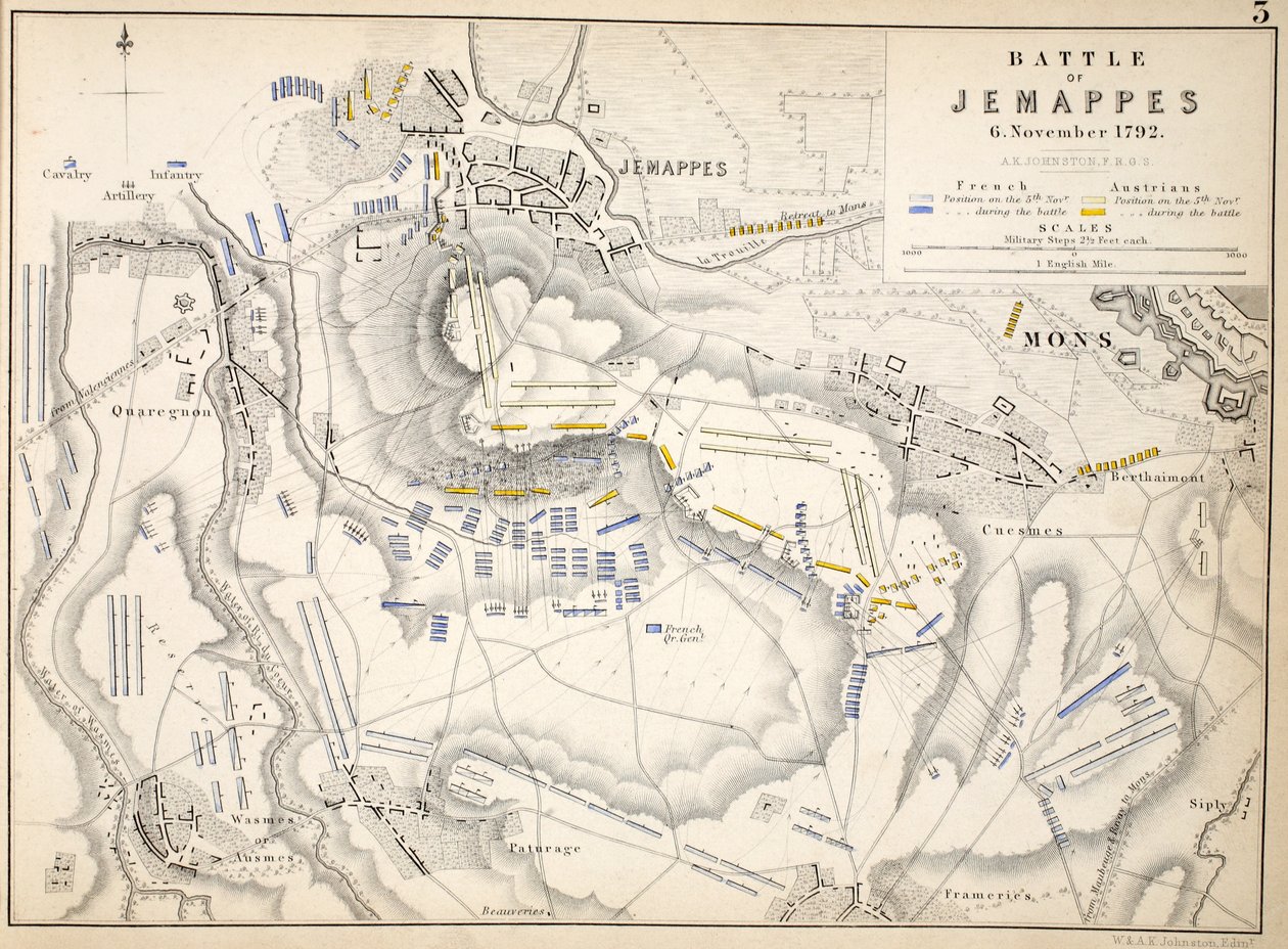 William Blackwood and Sons tarafından yayınlanan Jemappes Savaşı Haritası, Edinburgh und London, 1848 (el renkli gravür) by Alexander Keith Johnston