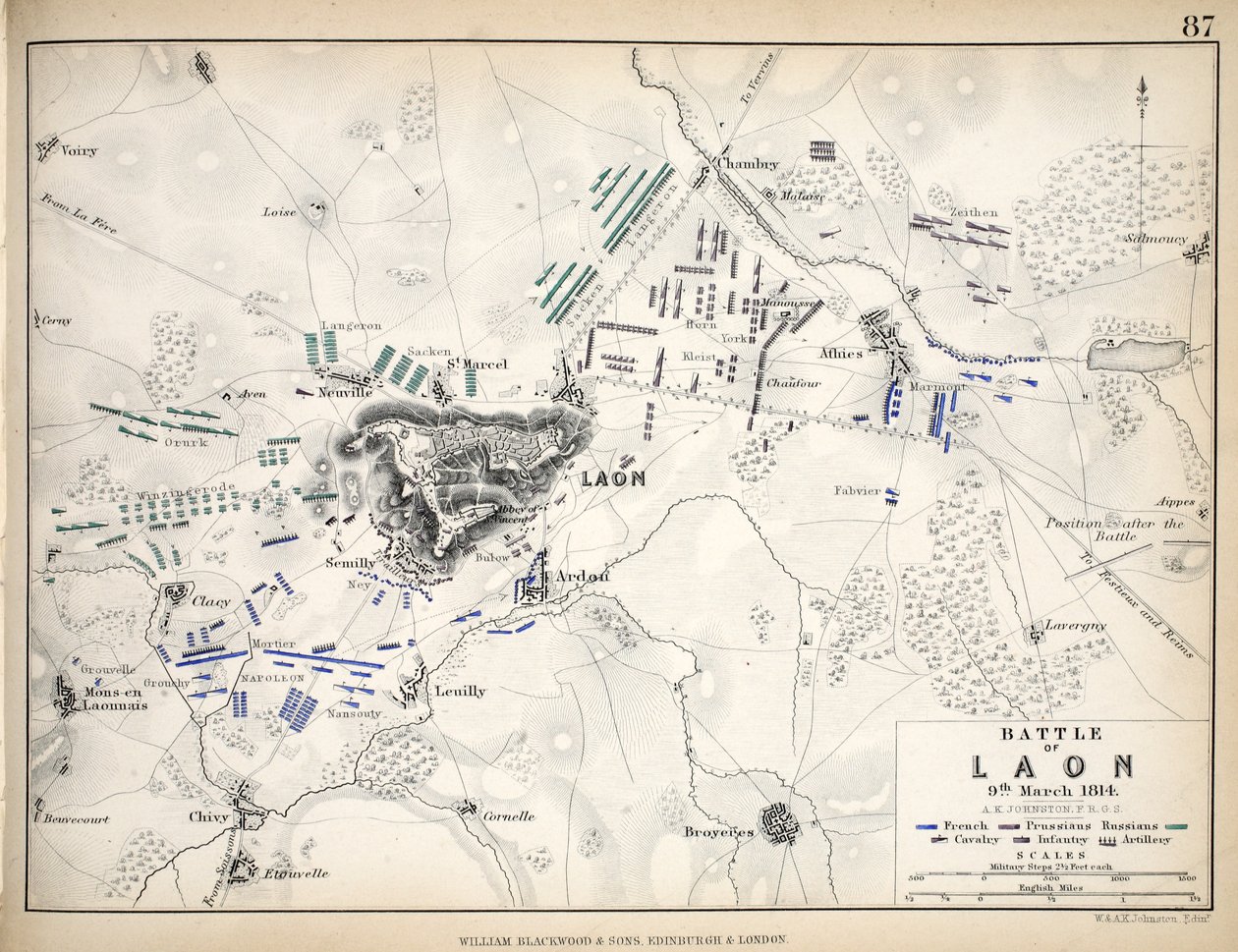 William Blackwood and Sons tarafından yayınlanan Laon Savaşı Haritası, Edinburgh und London, 1848 (el renkli gravür) by Alexander Keith Johnston