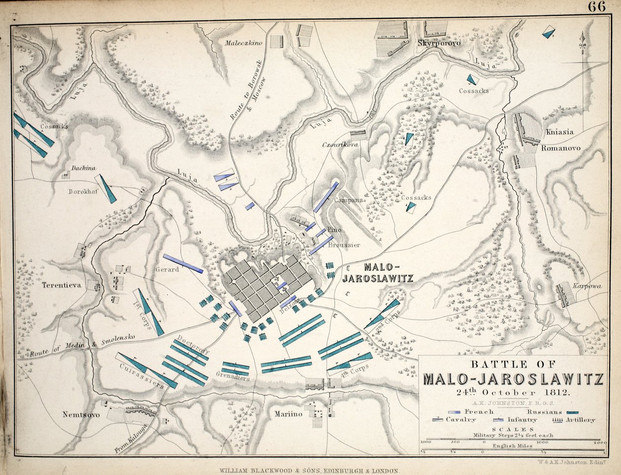 William Blackwood and Sons tarafından yayınlanan Malo-Jaroslawitz Savaşı Haritası, Edinburgh und London, 1848 (el renkli gravür) by Alexander Keith Johnston