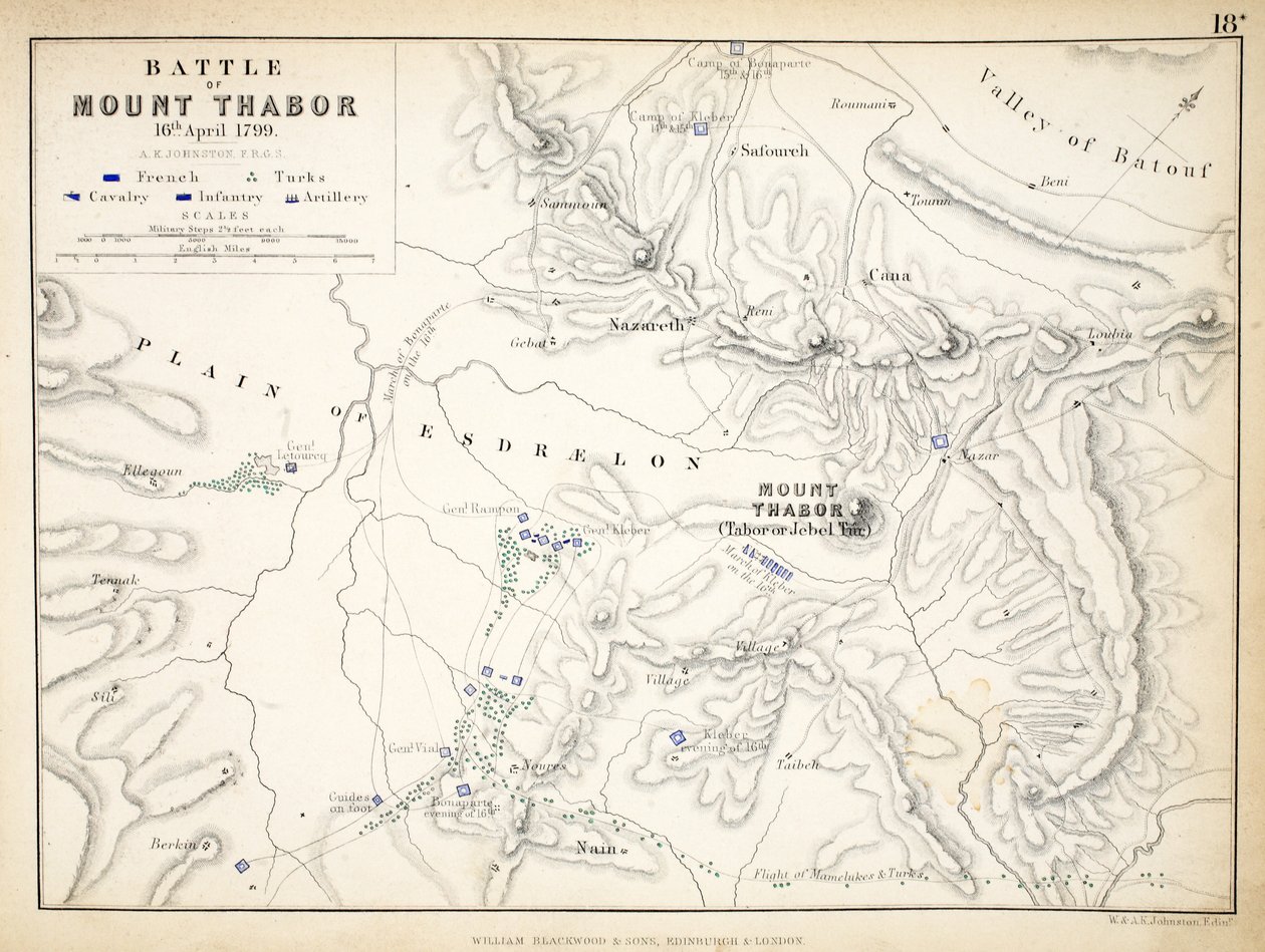 William Blackwood and Sons tarafından yayınlanan Thabor Dağı Savaşı Haritası, Edinburgh und London, 1848 (el renkli gravür) by Alexander Keith Johnston