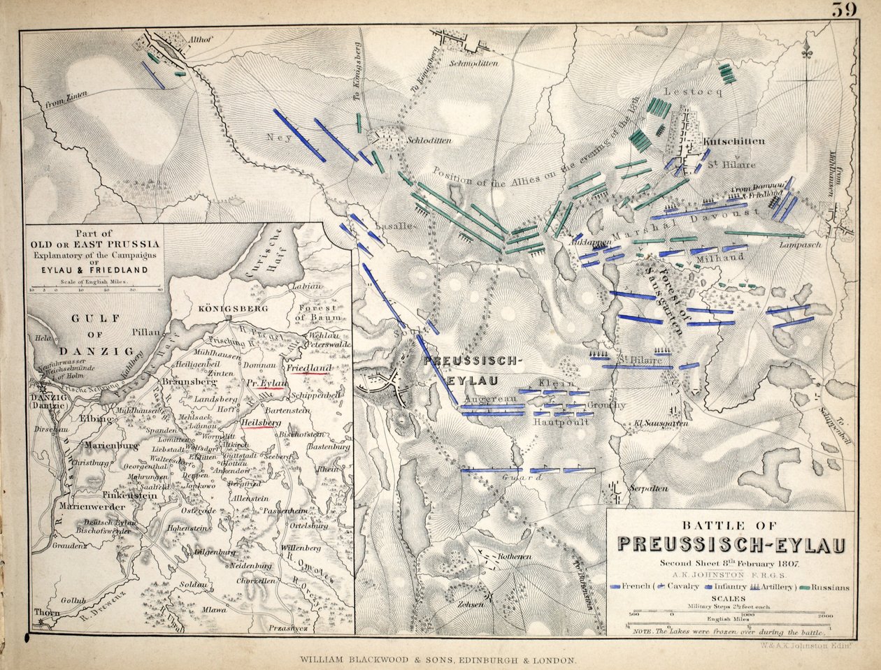 William Blackwood and Sons tarafından yayınlanan Preussisch-Eylau Savaşı Haritası, Edinburgh und London, 1848 (el renkli gravür) by Alexander Keith Johnston