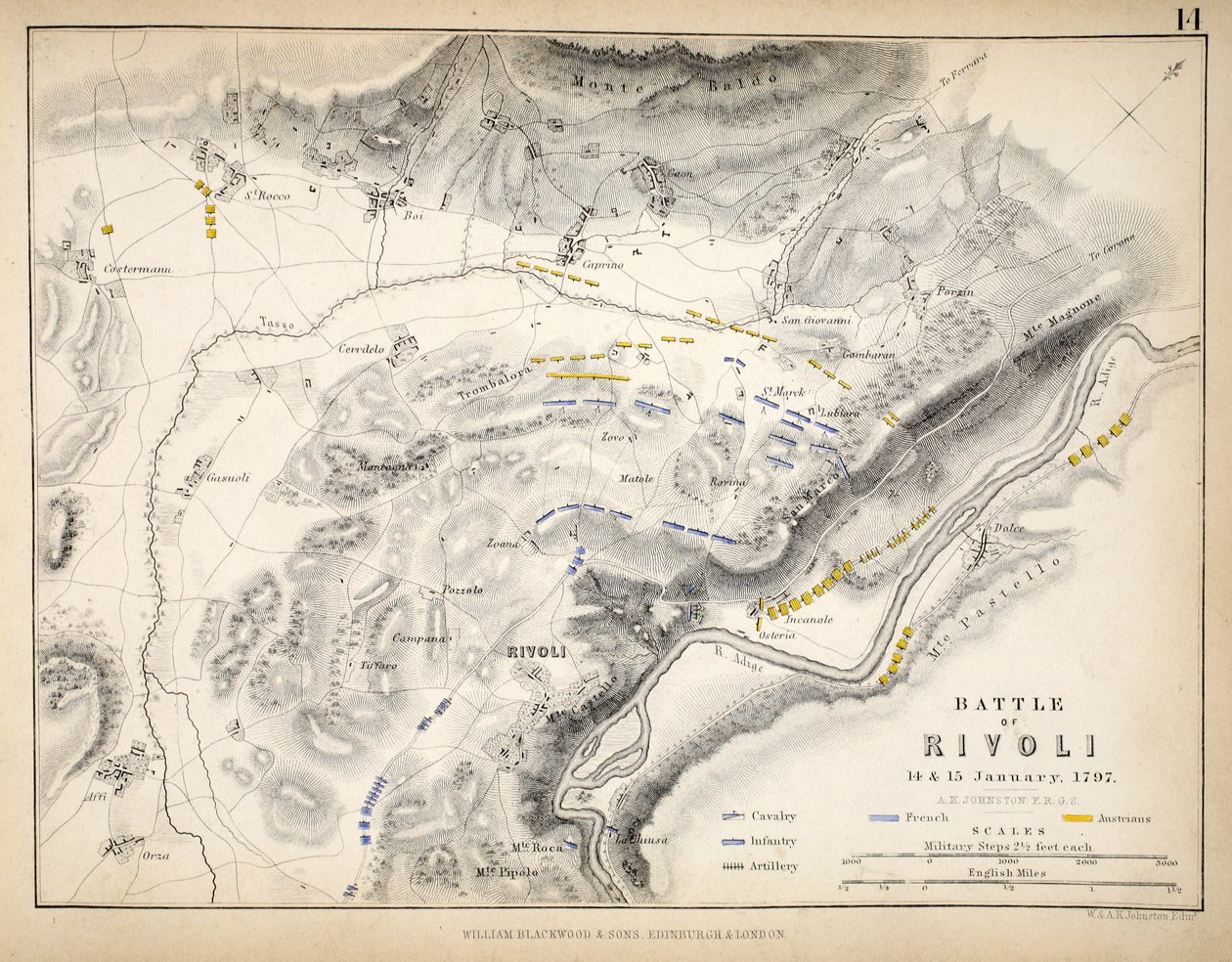 William Blackwood and Sons tarafından yayınlanan Rivoli Savaşı Haritası, Edinburgh und London, 1848 (el renkli gravür) by Alexander Keith Johnston