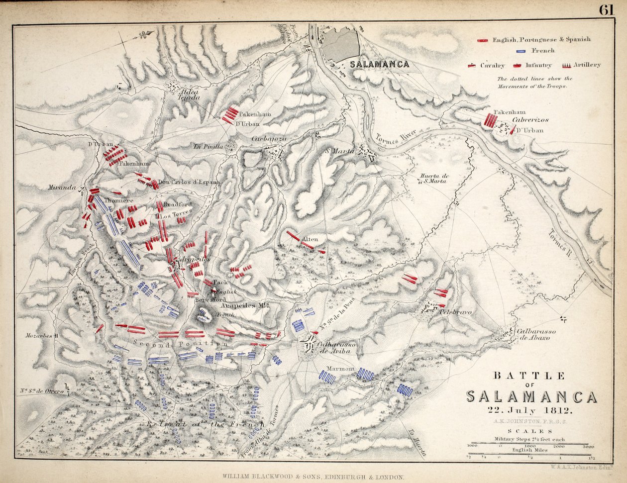 William Blackwood and Sons tarafından yayınlanan Salamanca Savaşı Haritası, Edinburgh und London, 1848 (el renkli gravür) by Alexander Keith Johnston