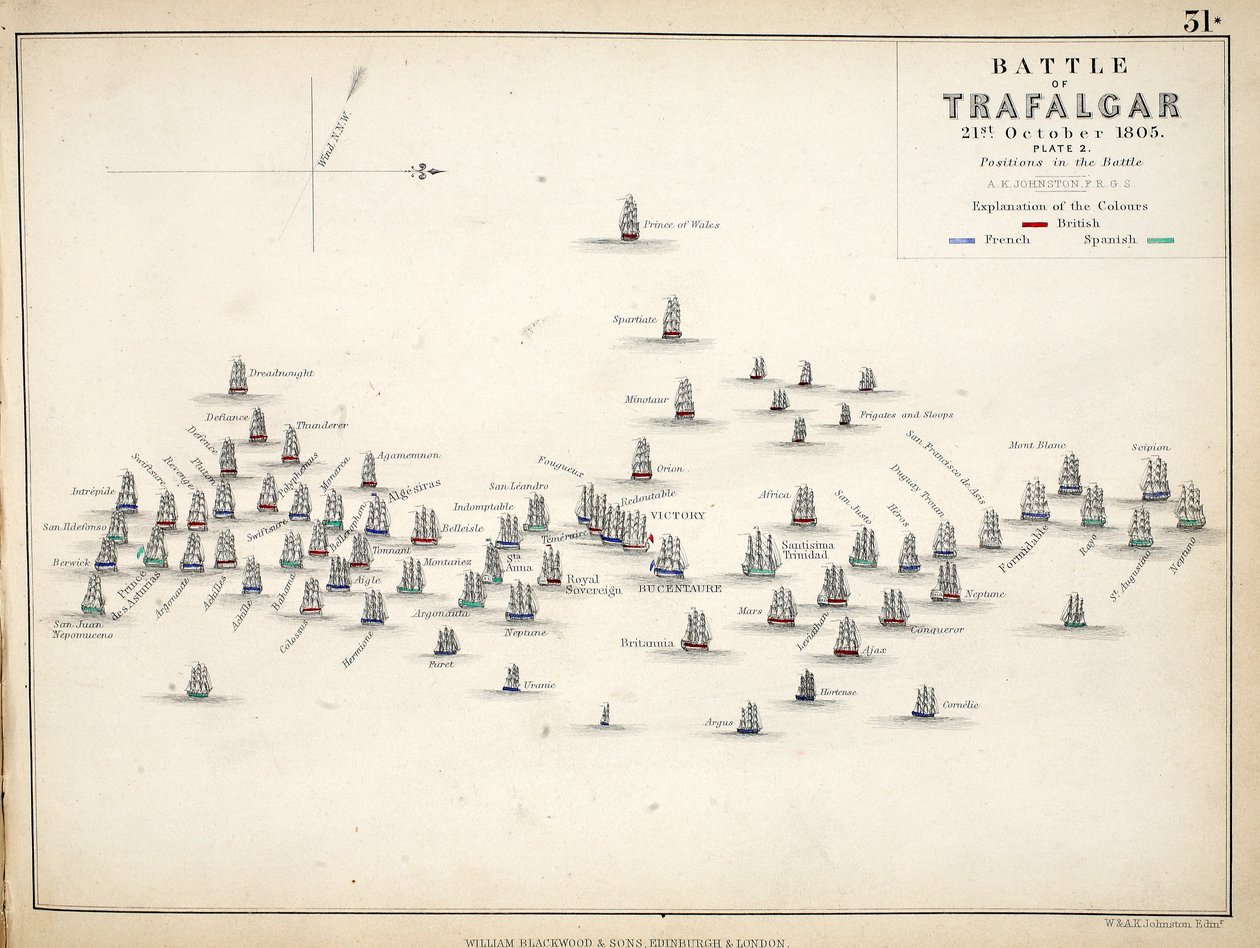 William Blackwood and Sons tarafından yayınlanan Trafalgar Savaşı Haritası, Edinburgh und London, 1848 (el renkli gravür) by Alexander Keith Johnston