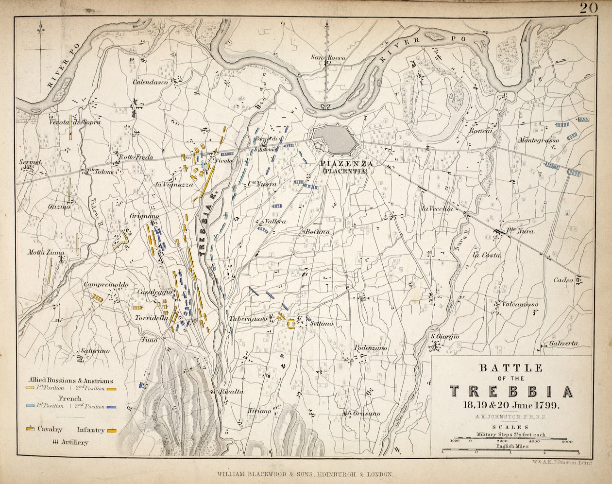 William Blackwood and Sons tarafından yayınlanan Trebbia Savaşı Haritası, Edinburgh und London, 1848 (el renkli gravür) by Alexander Keith Johnston