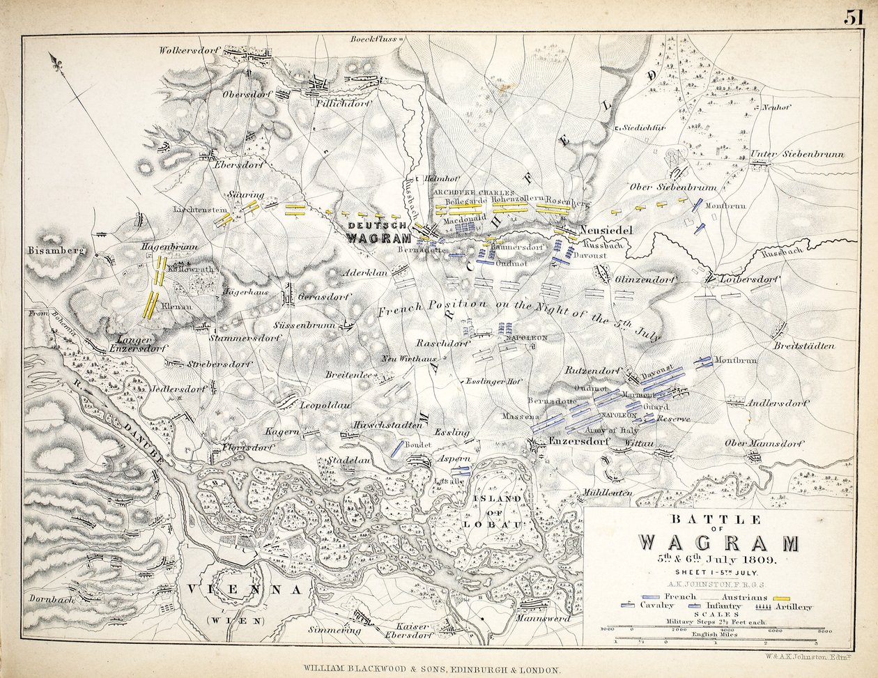 William Blackwood and Sons tarafından yayınlanan Wagram Savaşı Haritası, Edinburgh und London, 1848 (el renkli gravür) by Alexander Keith Johnston